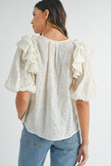 MABLE Eyelet Lace Ruffle Shoulder Puff Sleeve Blouse - Trendsi
