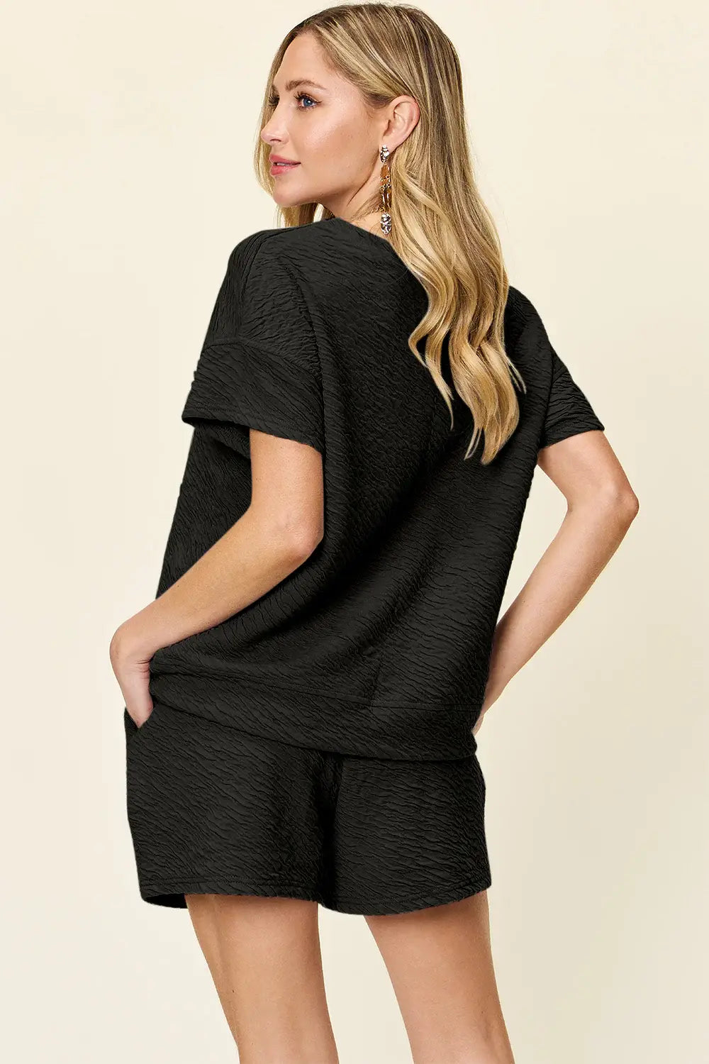 Double Take Full Size Texture Short Sleeve T-Shirt and Drawstring Shorts Set - Trendsi - Flyclothing LLC