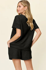Double Take Full Size Texture Short Sleeve T-Shirt and Drawstring Shorts Set - Trendsi - Flyclothing LLC