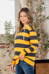 Full Size Drawstring Striped Long Sleeve Hoodie - Trendsi