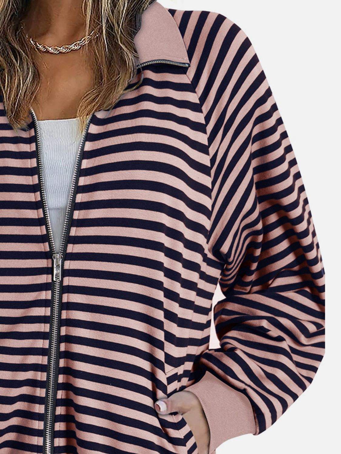 Striped Zip Up Long Sleeve Sweatshirt - Trendsi - Flyclothing LLC