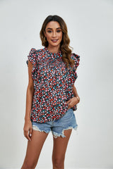 Ruffled Ditsy Floral Mock Neck Cap Sleeve Blouse - Trendsi