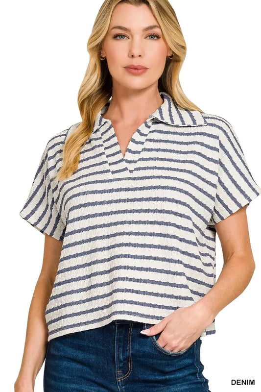 Zenana Striped Split Neck Collared Top - Trendsi - Flyclothing LLC
