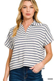 Zenana Striped Split Neck Collared Top - Trendsi - Flyclothing LLC