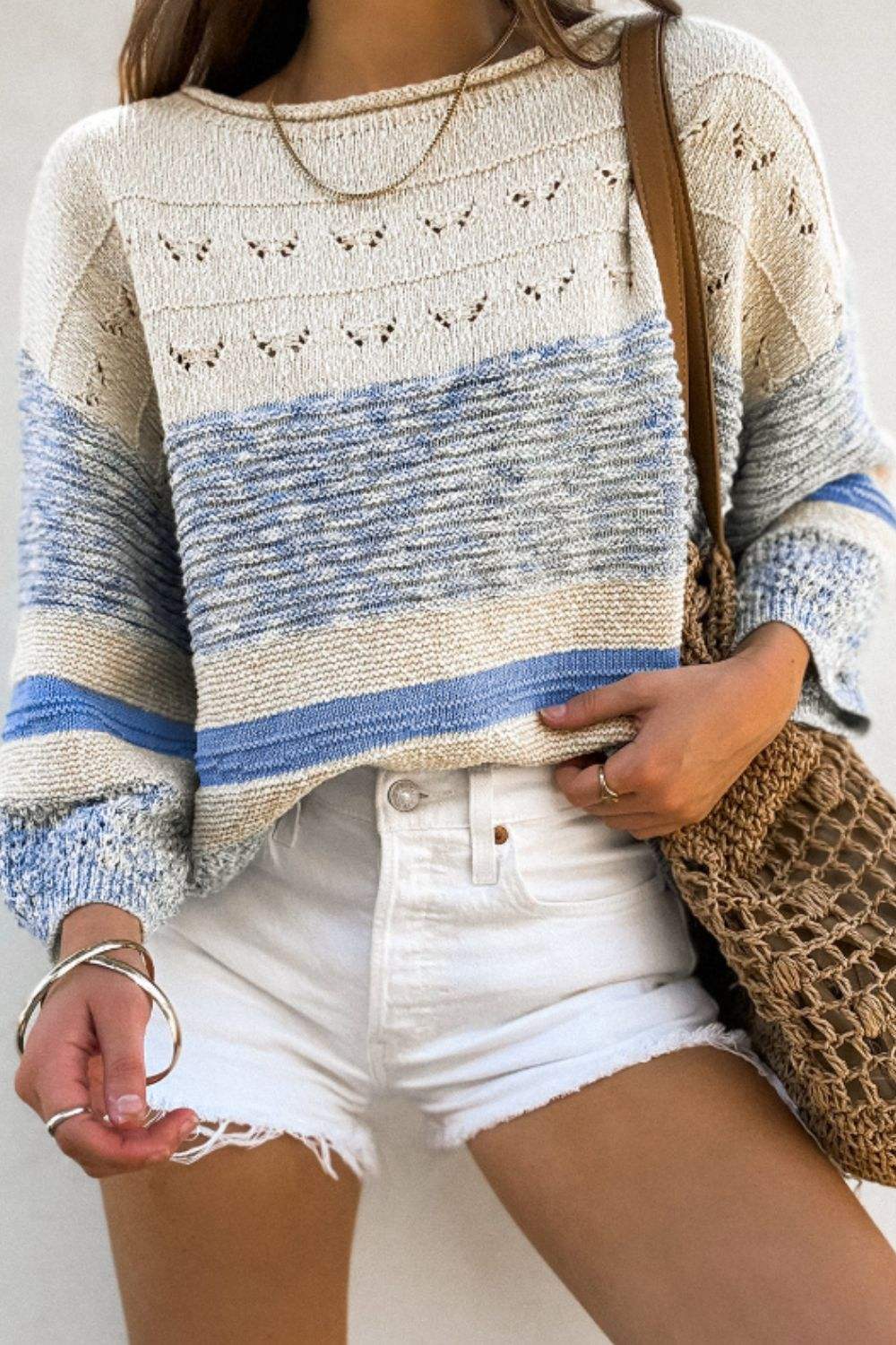 Contrast Round Neck Long Sleeve Sweater - Trendsi - Flyclothing LLC