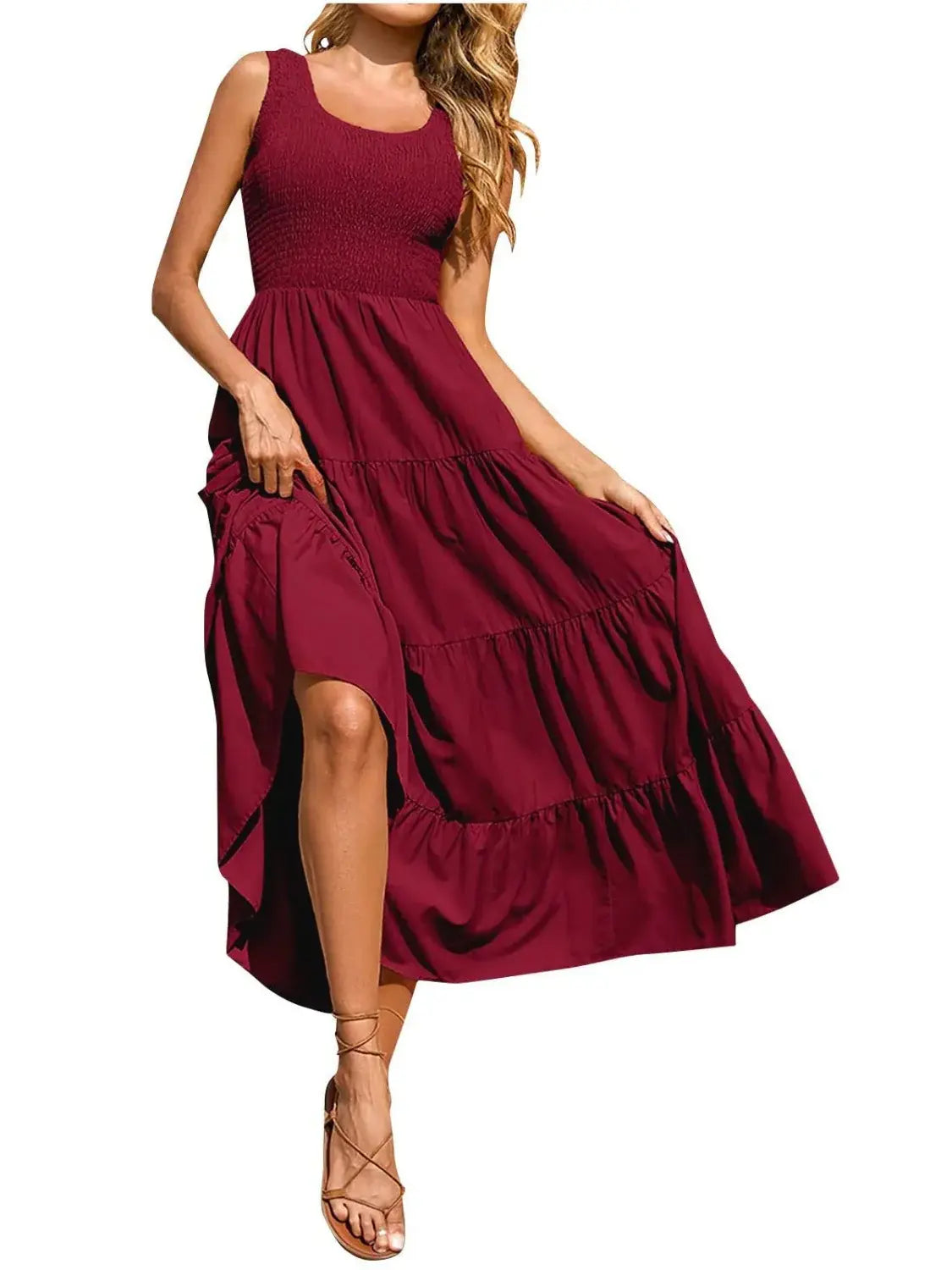 Tiered Smocked Wide Strap Dress - Trendsi - Flyclothing LLC