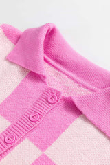 Slit Checkered Half Button Long Sleeve Sweater - Trendsi - Flyclothing LLC