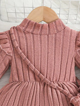 Children's Ribbed Knit Ruffle Trim Dress with Bag - Trendsi - Flyclothing LLC