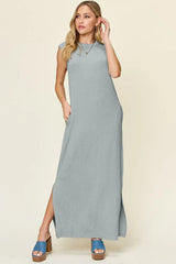 Double Take Full Size Texture Mock Neck Sleeveless Maxi Dress - Trendsi - Flyclothing LLC