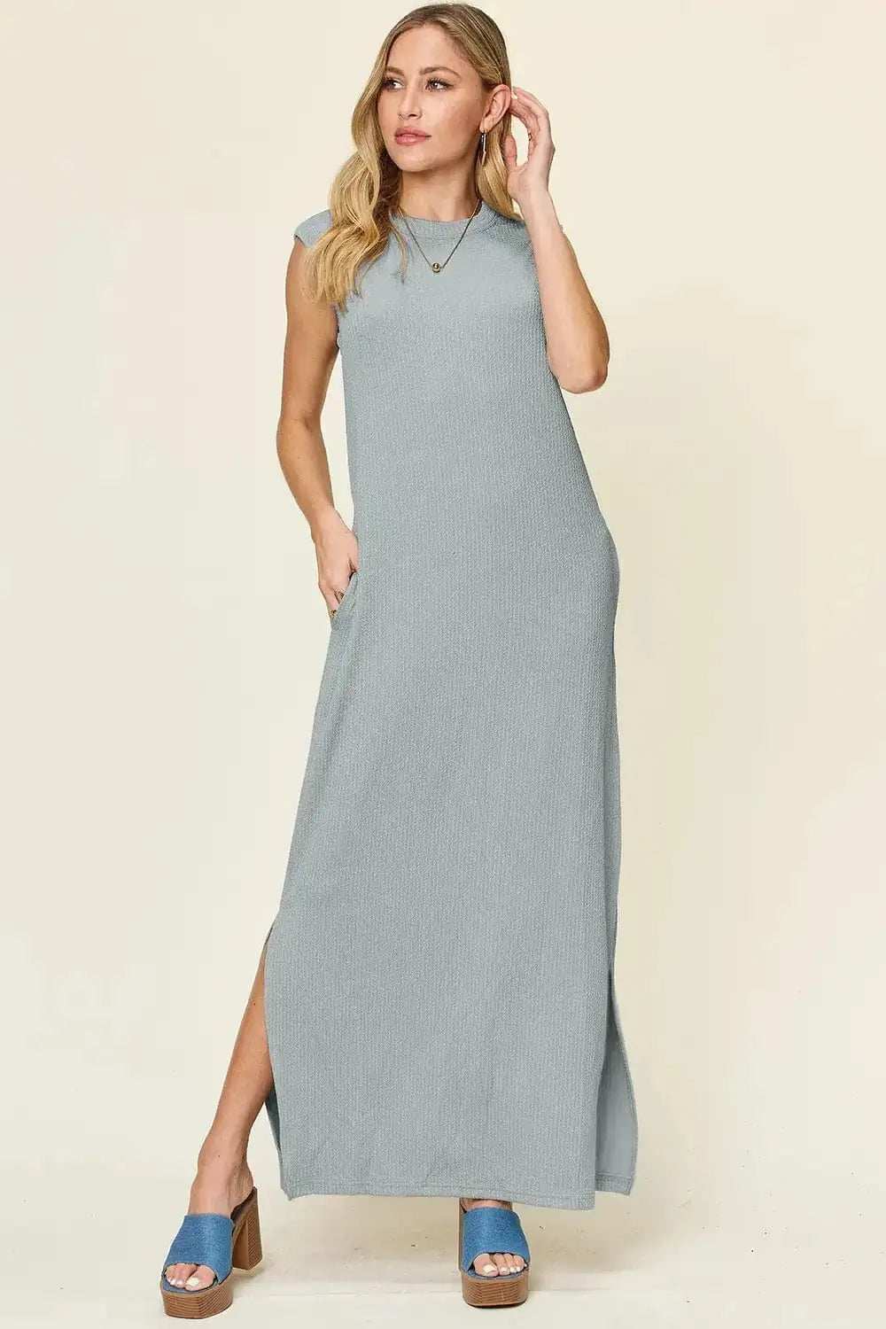 Double Take Full Size Texture Mock Neck Sleeveless Maxi Dress - Trendsi - Flyclothing LLC