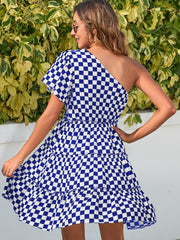 Checkered Single Shoulder Mini Dress - Trendsi