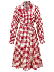 Tied Houndstooth Long Sleeve Midi Dress