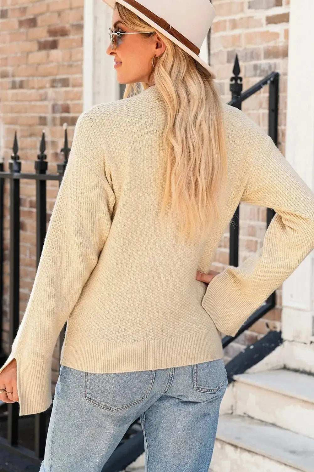 Textured Round Neck Long Sleeve Sweater - Trendsi - Flyclothing LLC