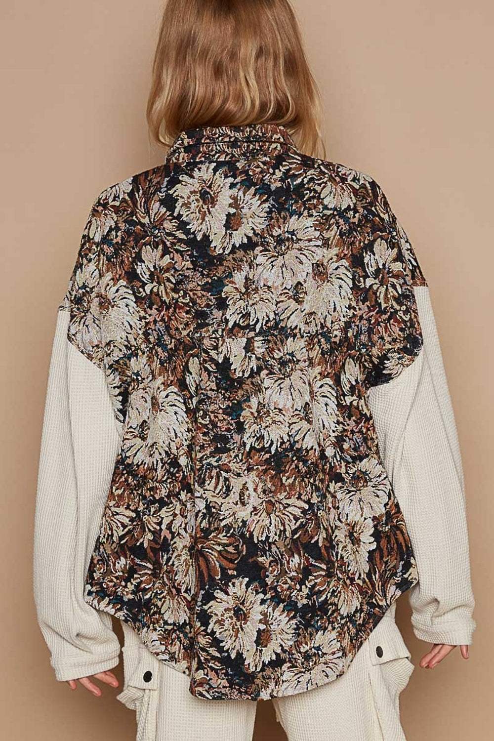 POL Contrast Sleeves Button Down Floral Jacquard Shirt - Trendsi - Flyclothing LLC