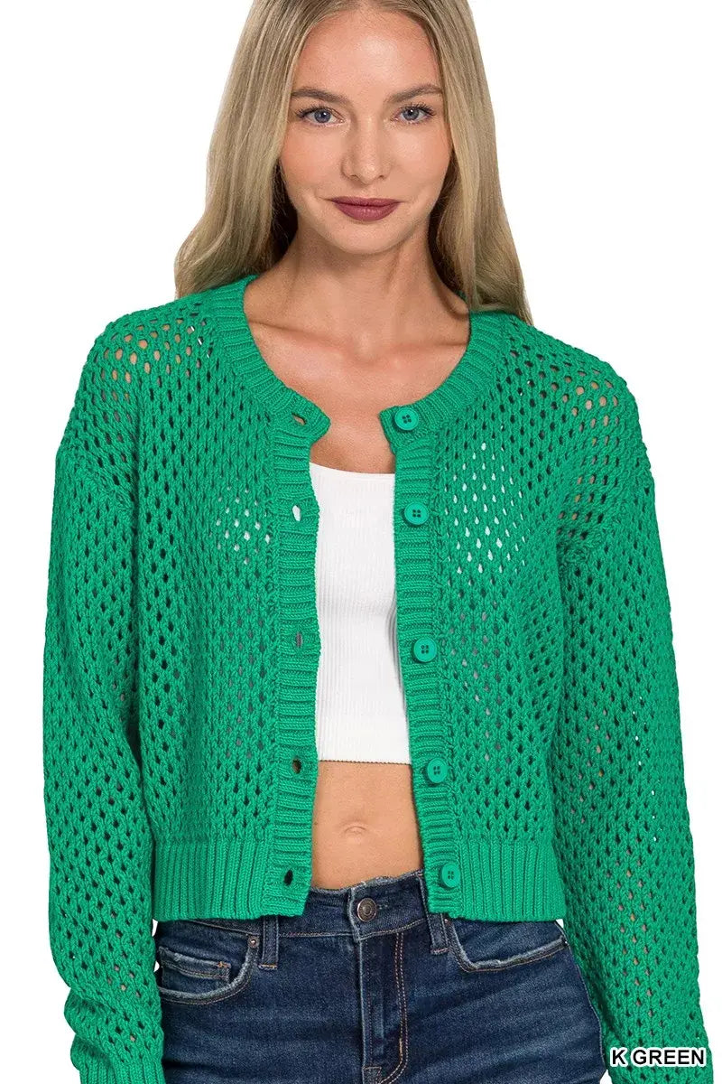 Zenana Button Down Lightweight Crochet Cardigan Sweater - Trendsi - Flyclothing LLC