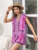 Printed V-Neck Cap Sleeve Romper - Trendsi - Flyclothing LLC
