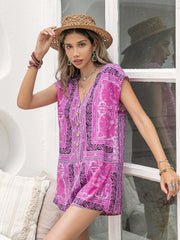 Printed V-Neck Cap Sleeve Romper - Trendsi