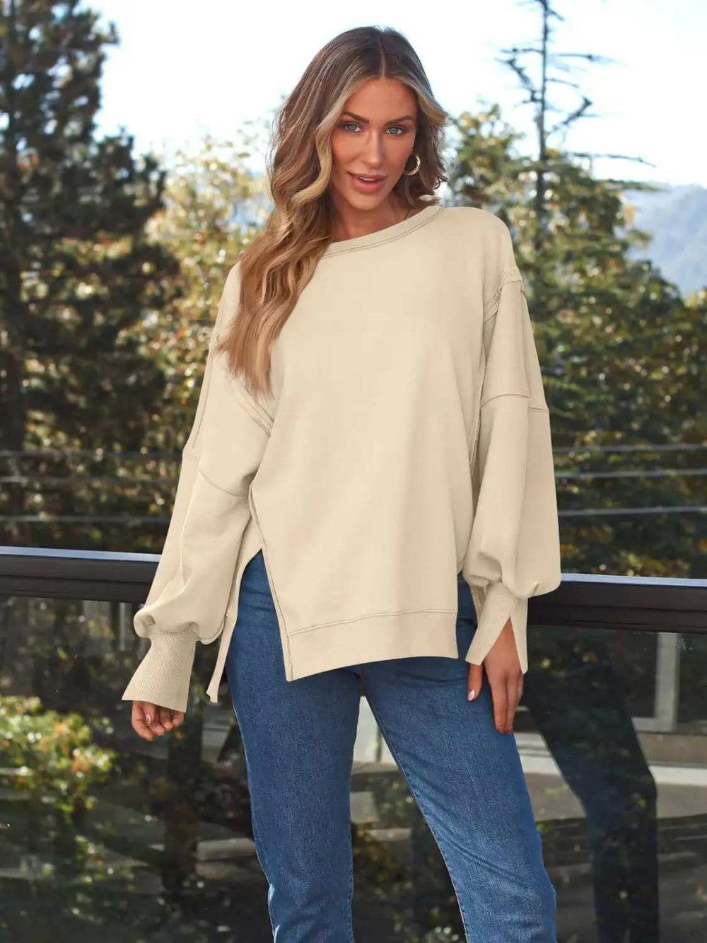 Slit Round Neck Long Sleeve Sweatshirt - Trendsi - Flyclothing LLC
