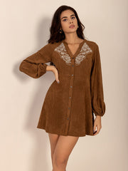 Notched Button Down Long Sleeve Mini Dress - Trendsi