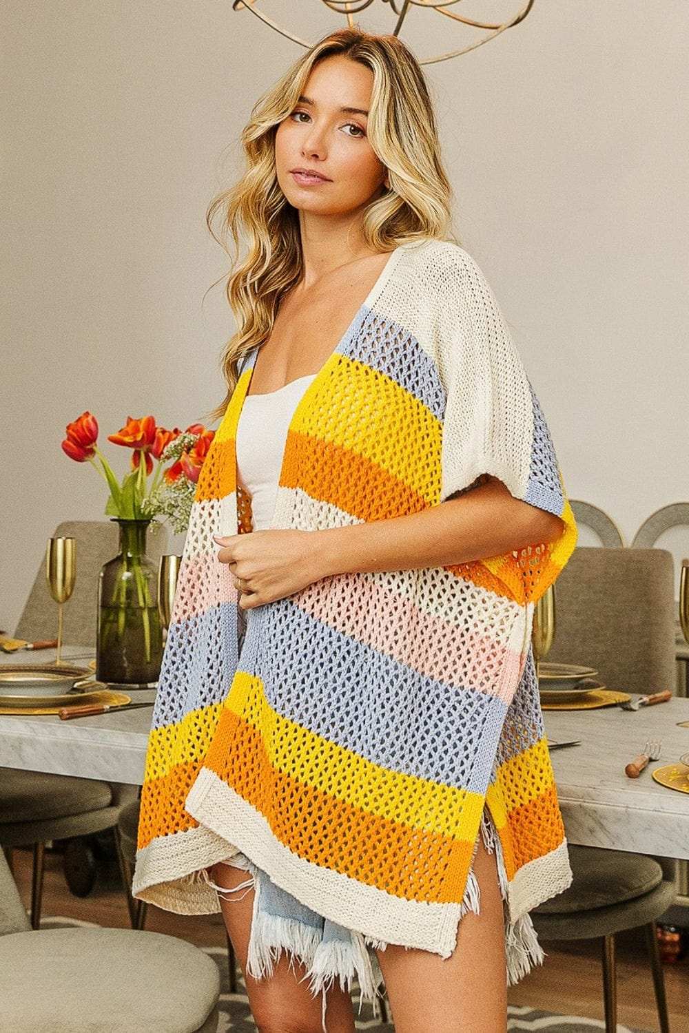 BiBi Openwork Striped Open Front Knit Cardigan - Trendsi - Flyclothing LLC