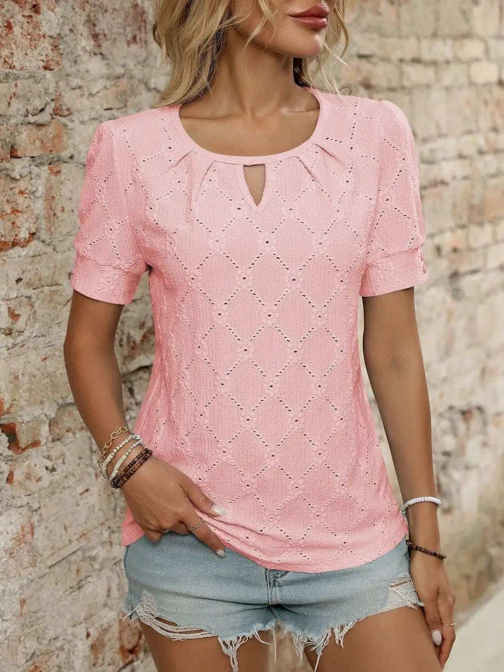Eyelet Round Neck Short Sleeve Top - Trendsi - Flyclothing LLC