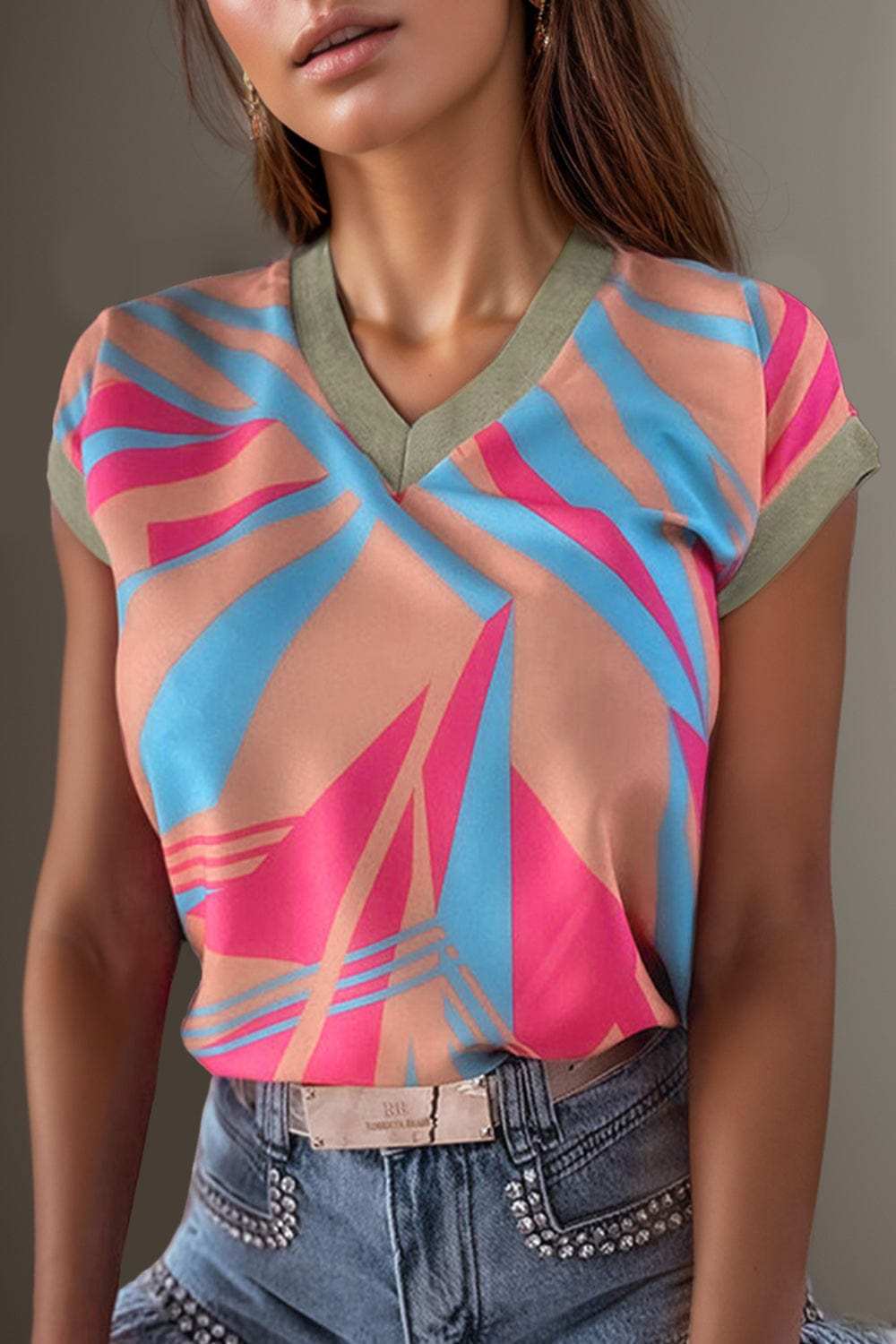 Contrast V-Neck Cap Sleeve Blouse - Trendsi - Flyclothing LLC