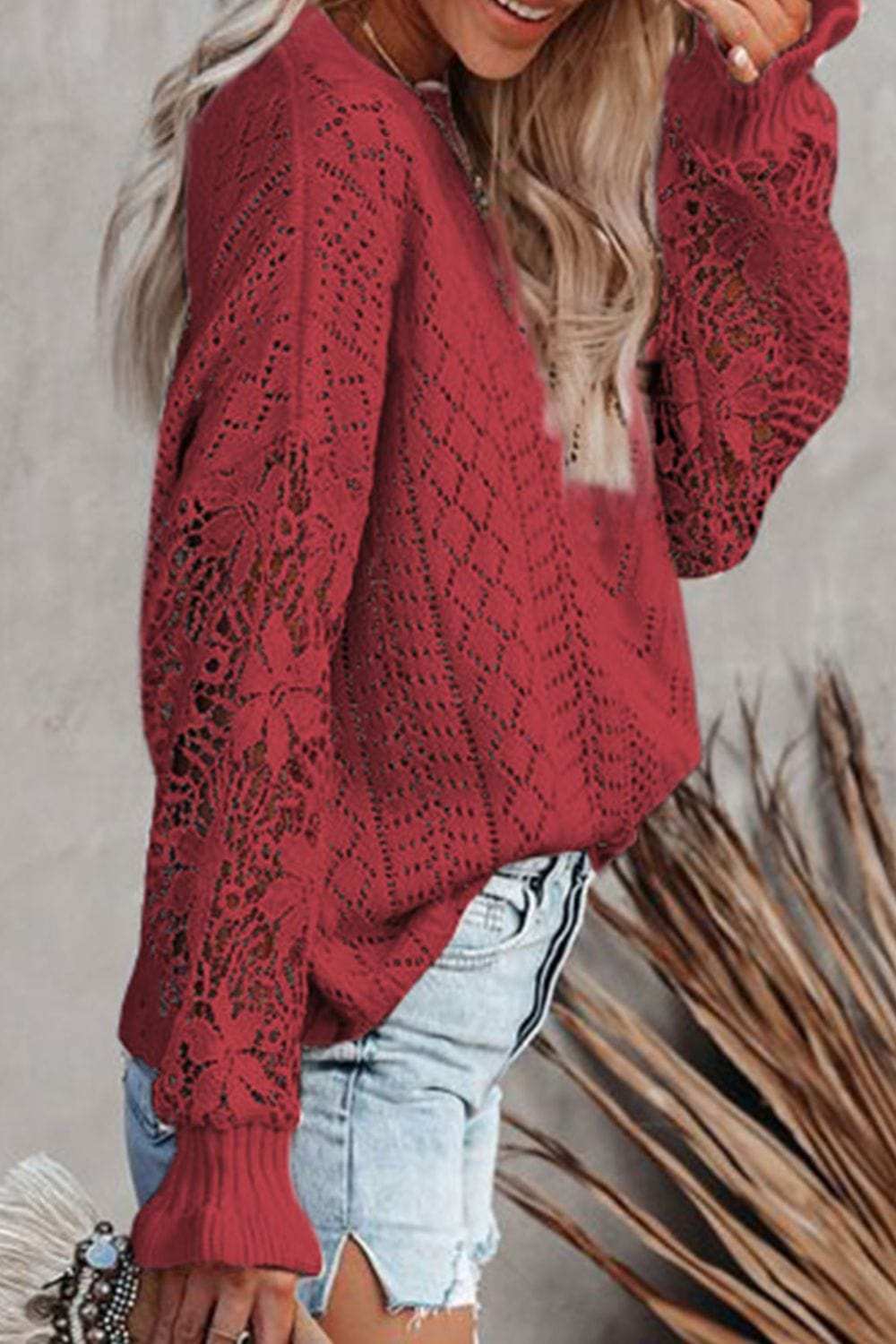 Openwork Round Neck Long Sleeve Sweater - Trendsi - Flyclothing LLC