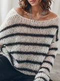 Striped Boat Neck Drop Shoulder Sweater - Trendsi - Flyclothing LLC