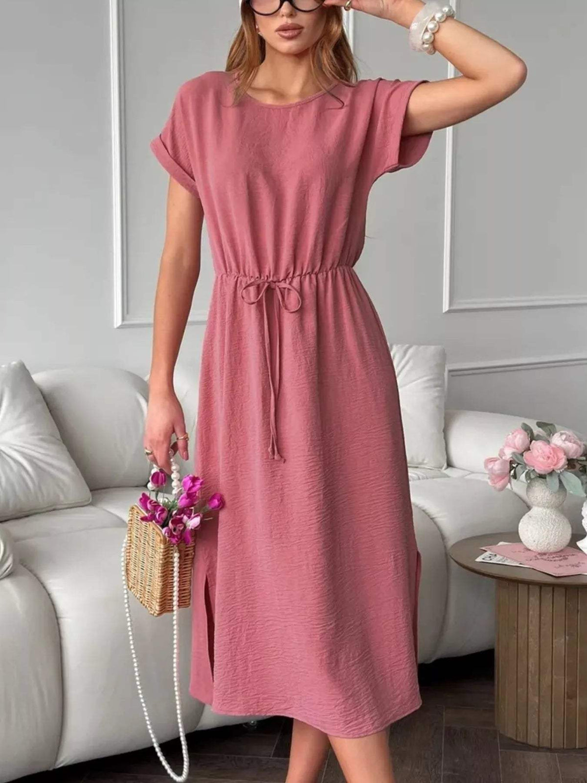 Casual Drawstring Waist Midi Dress - Trendsi - Flyclothing LLC
