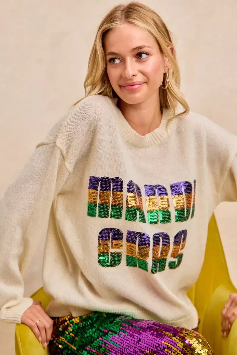 BiBi Mardi Gras Sequin Lattering Knit Top - Trendsi - Flyclothing LLC