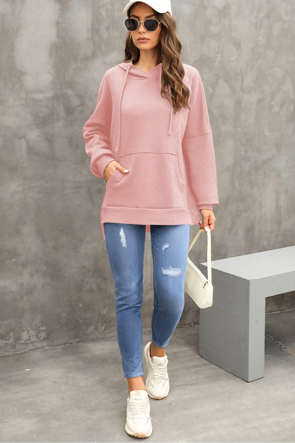 Waffle-Knit Long Sleeve Hoodie - Trendsi - Flyclothing LLC