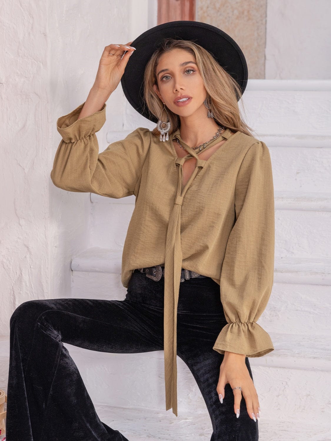 Ruched Flounce Sleeve Blouse - Trendsi