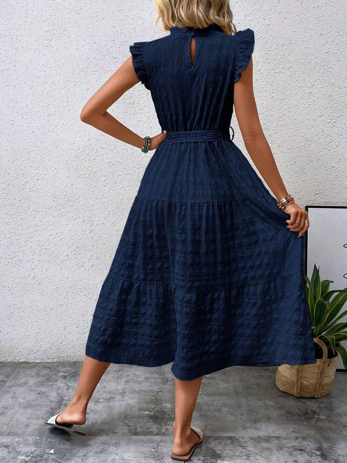 Tied Ruffled Cap Sleeve Midi Dress - Trendsi - Flyclothing LLC