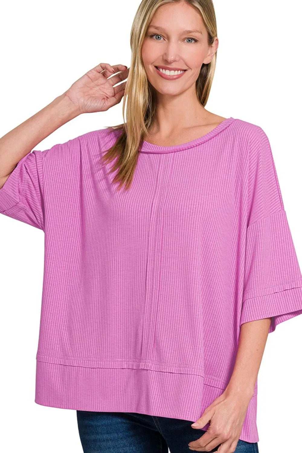 Zenana Ribbed Boat Neck 3/4 Sleeve Top - Trendsi - Flyclothing LLC