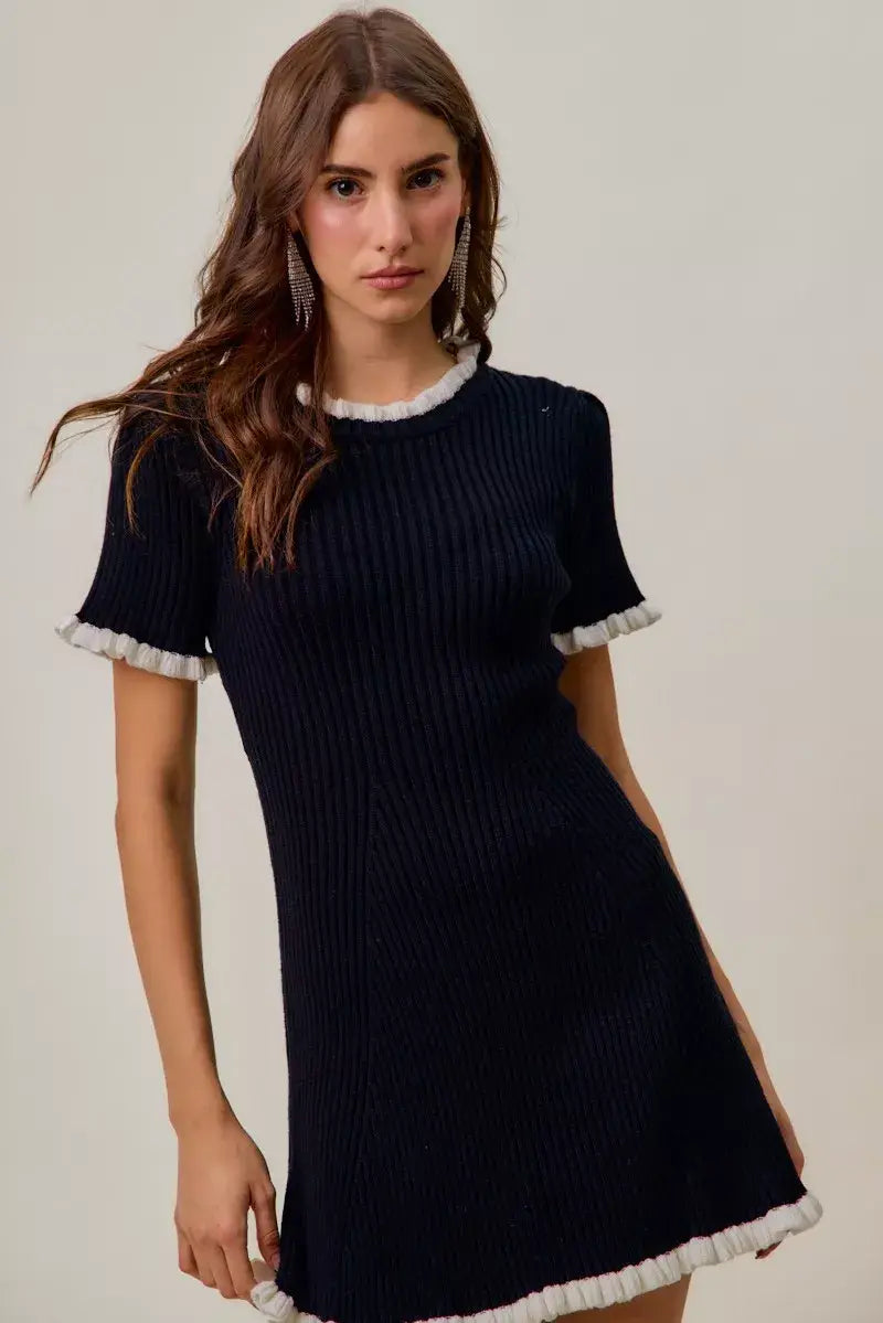 SO ME Contrast Ruffled Sweater Knit Mini Dress - Trendsi - Flyclothing LLC