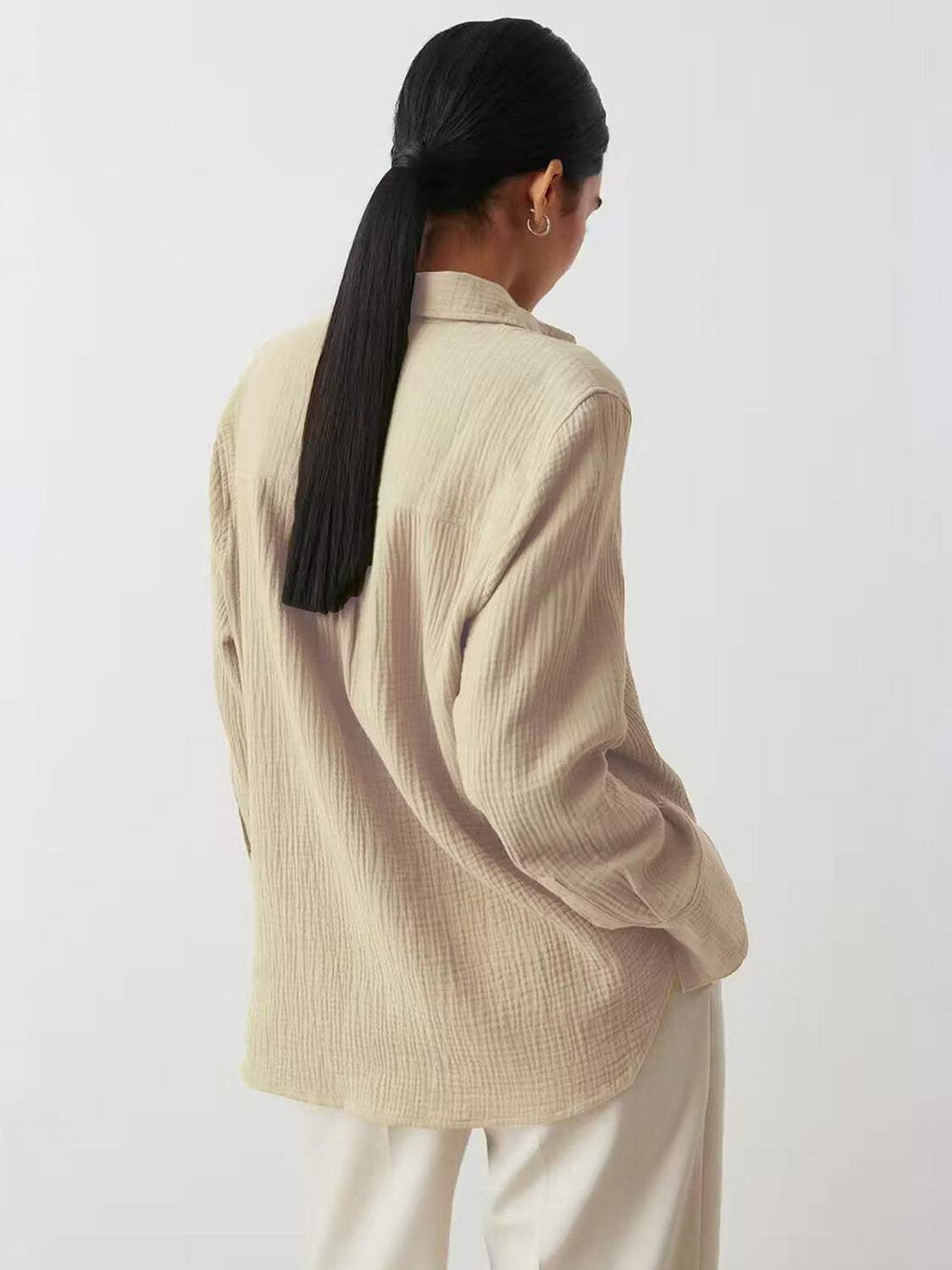 Textured Collared Neck Long Sleeve Shirt - Trendsi - Flyclothing LLC