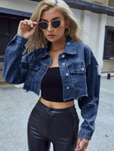 Distressed Raw Hem Collared Neck Long Sleeve Denim Top - Trendsi - Flyclothing LLC