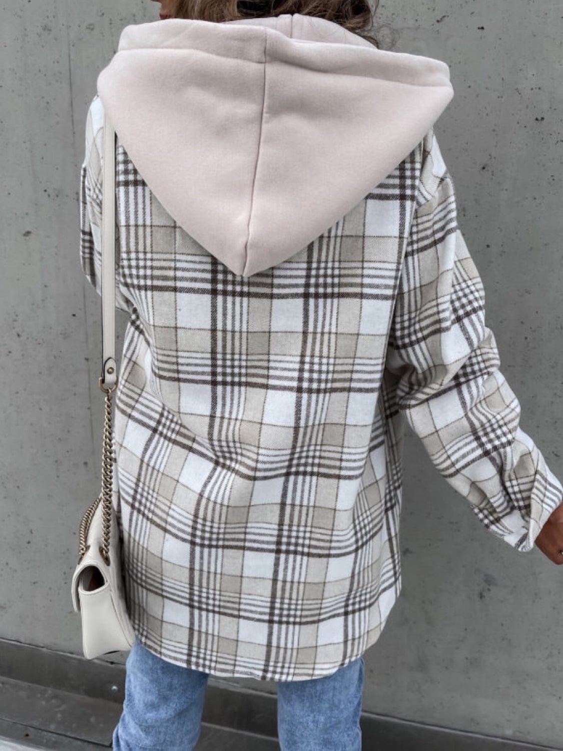 Plaid Button Up Jacket with Removable Hood - Trendsi