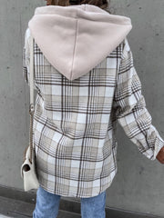 Plaid Button Up Jacket with Removable Hood - Trendsi
