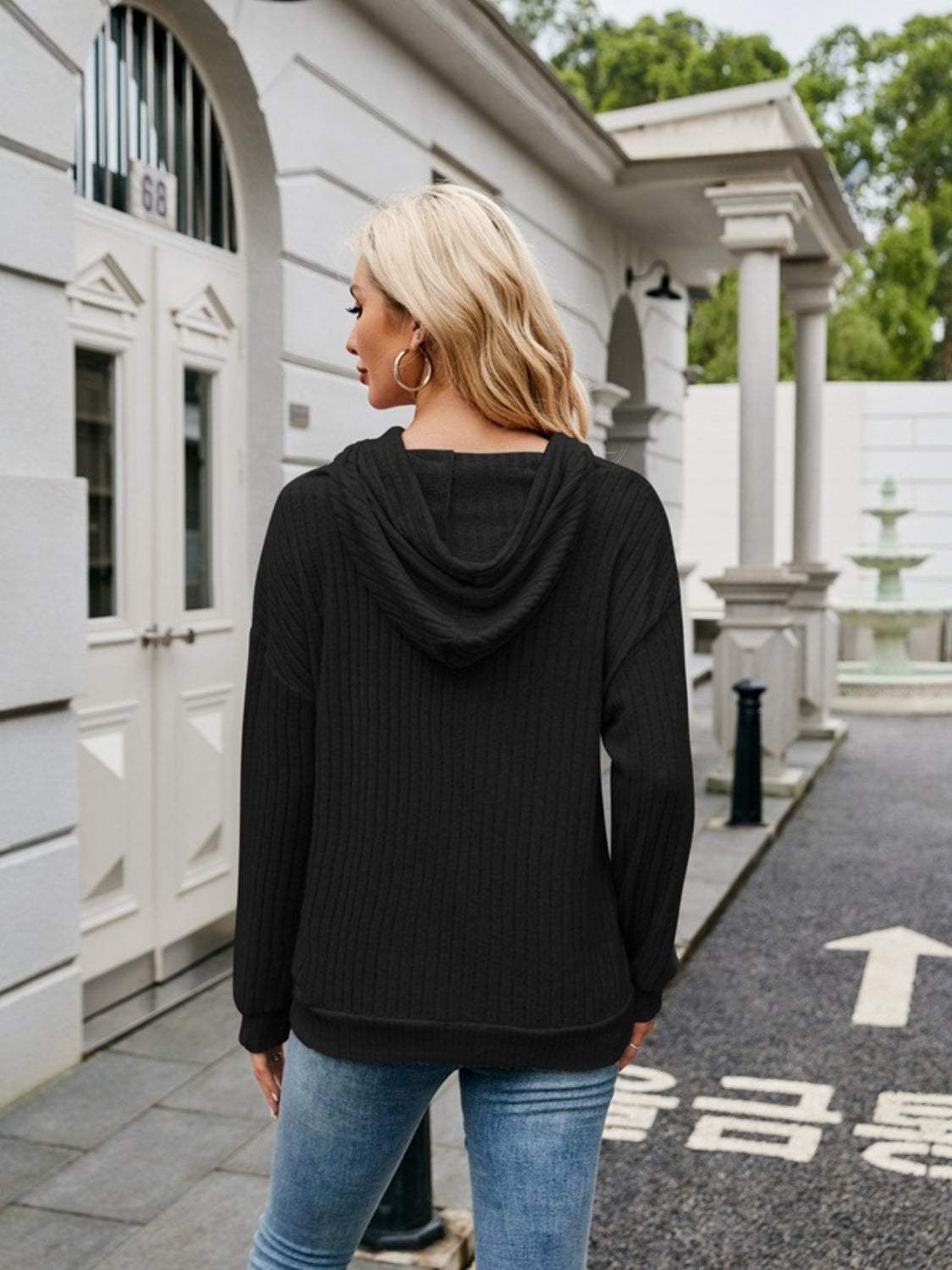 Ribbed Drawstring Long Sleeve Hoodie - Trendsi - Flyclothing LLC