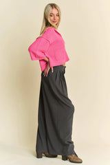 Davi & Dani Solid Back Pocket Shirring Detail Wide Leg Pants - Trendsi - Flyclothing LLC