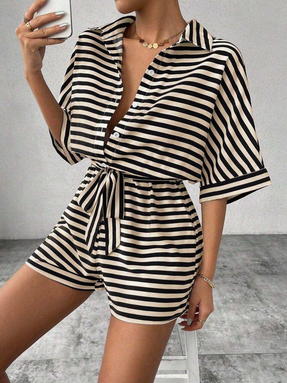 Tie Waist Half Button Striped Romper - Trendsi - Flyclothing LLC