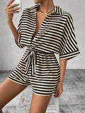 Tie Waist Half Button Striped Romper - Trendsi - Flyclothing LLC