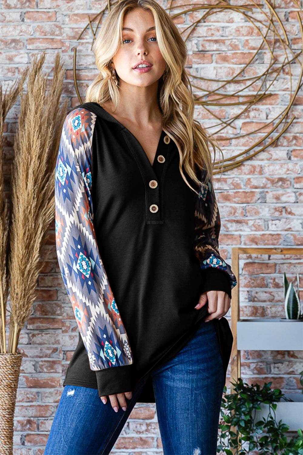 Heimish Half Button Printed Long Sleeve Hooded Top - Trendsi - Flyclothing LLC