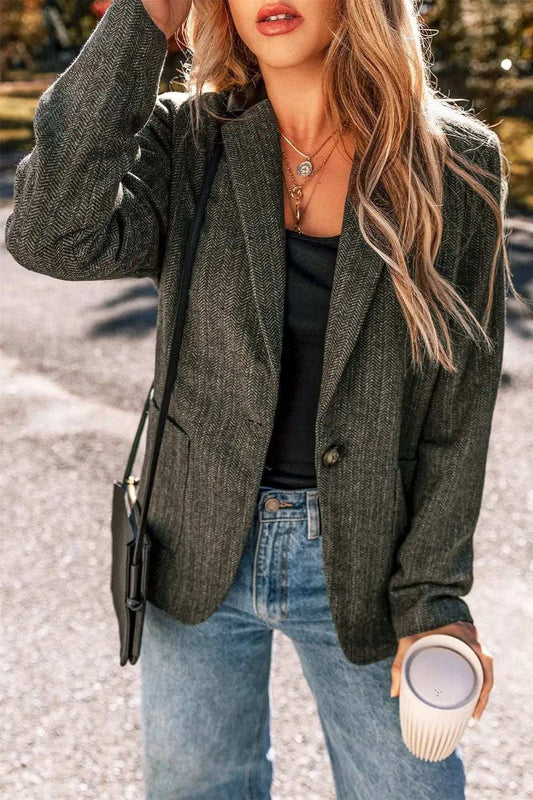 Pocketed Buttoned Long Sleeve Blazer - Trendsi - Flyclothing LLC