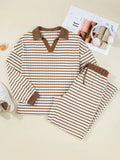 Stripe Collared Top and Drawstring Pant Set - Trendsi - Flyclothing LLC