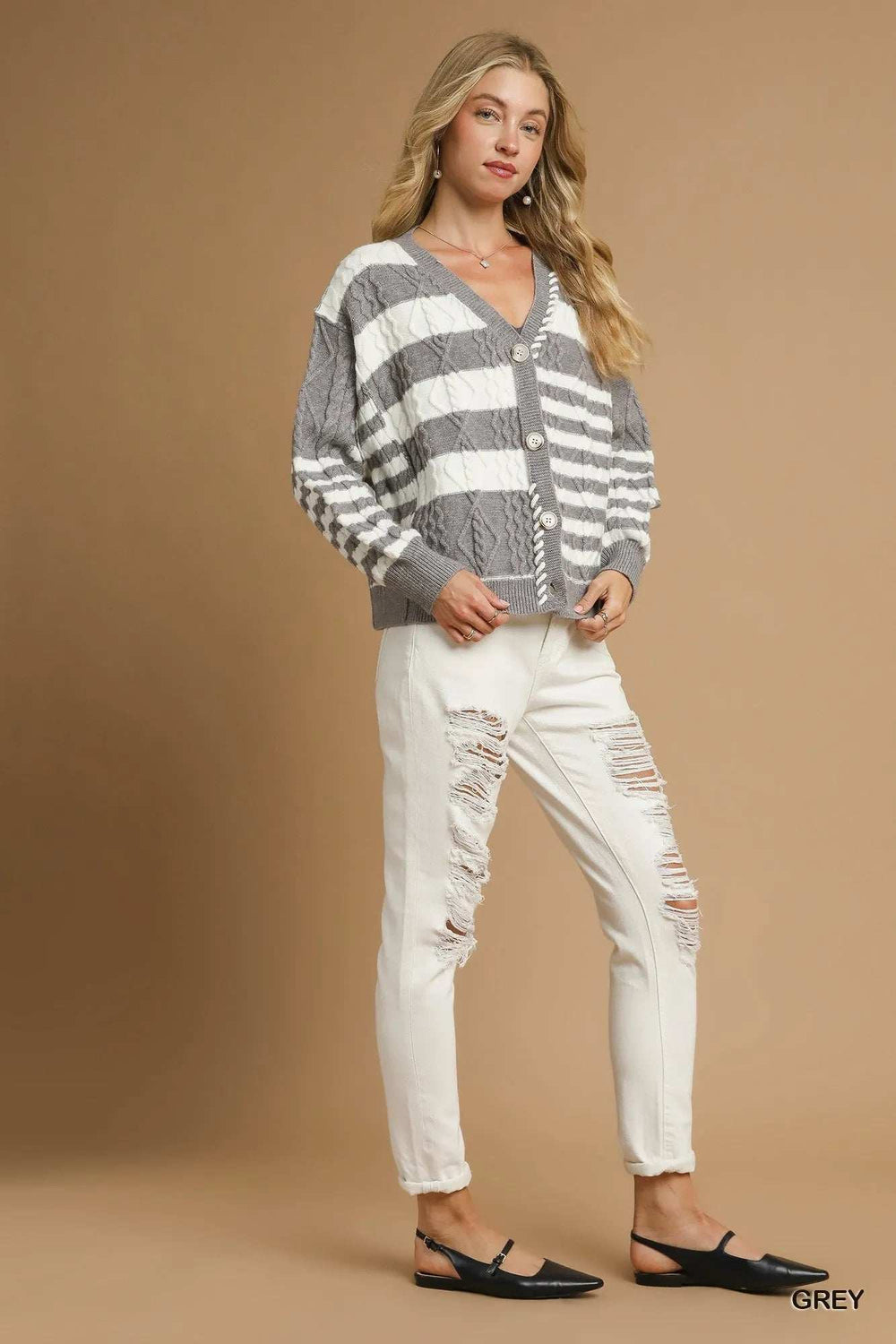 Umgee Cable-Knit Stripe Button-Up Cardigan - Trendsi - Flyclothing LLC