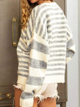 Striped Round Neck Dropped Shoulder Sweater - Trendsi - Flyclothing LLC