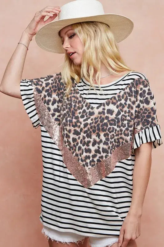 BiBi Stripe Rayon Span Knit Color Block Top With Leopard - Trendsi - Flyclothing LLC