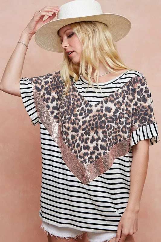 BiBi Stripe Rayon Span Knit Color Block Top With Leopard - Trendsi - Flyclothing LLC
